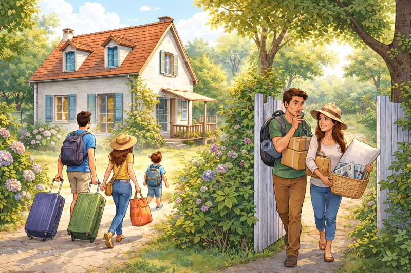 Teilweise Vermietung - Das Bild zeigt, wie die Eigentümer das Ferienhaus verlassen während die Gäste anreisen